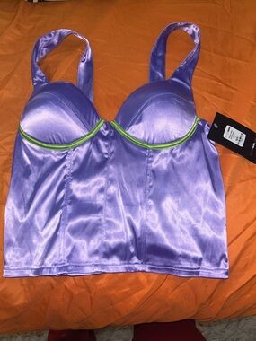 Fashion Nova Lavender Satin Bustier Tank with Lime Accent
